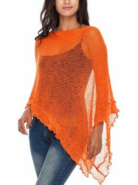 Women’s Bright Orange Sheer  Poncho Shrug Lightweight Asymmetrical Ruffle Wraps